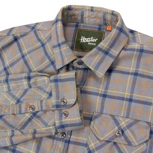 Howler Bros Mens L Harkers Flannel Shirt Grey Blue Yellow Plaid Shooting Patch